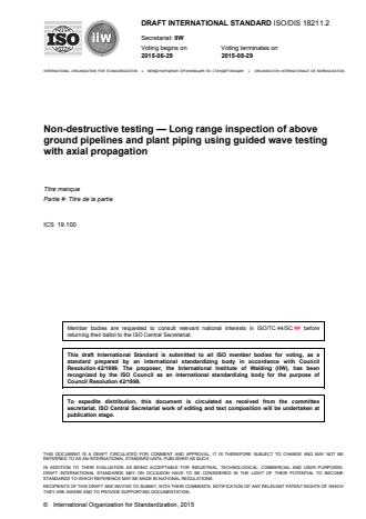 ISO 18211:2016 - Non-destructive testing -- Long-range inspection of above-ground pipelines and plant piping using guided wave testing with axial propagation