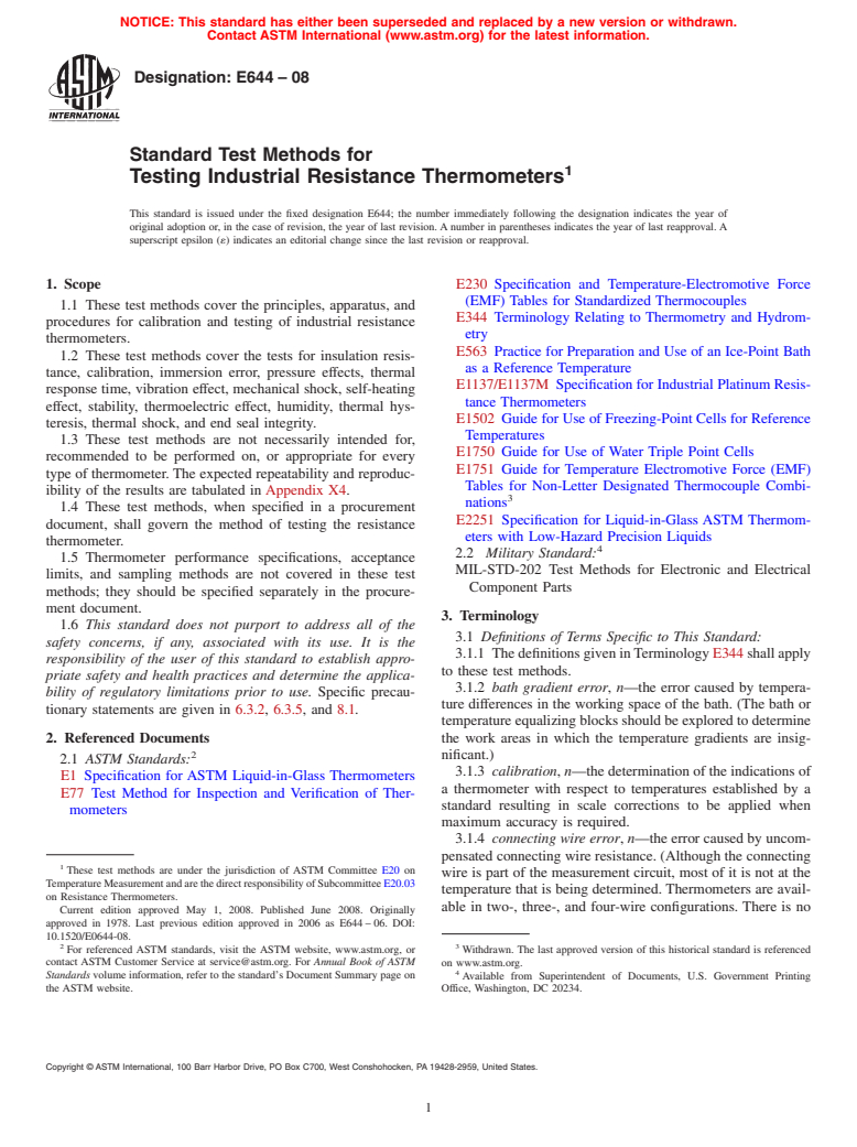 ASTM E644-08 - Standard Test Methods for Testing Industrial Resistance Thermometers