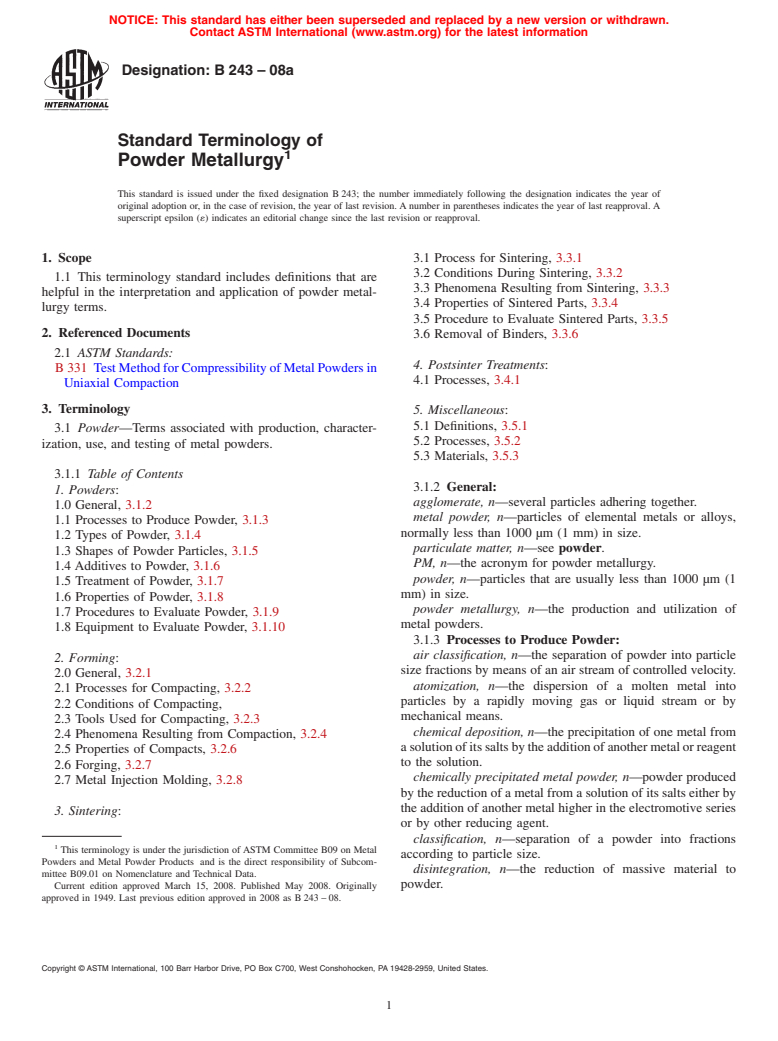 ASTM B243-08a - Standard Terminology of  Powder Metallurgy