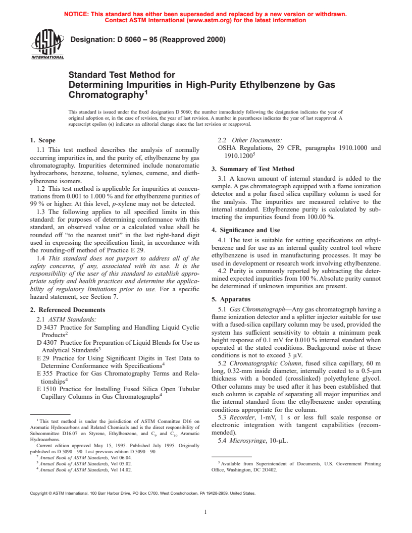 ASTM D5060-95(2000) - Standard Test Method for Determining Impurities in High-Purity Ethylbenzene by Gas Chromatography