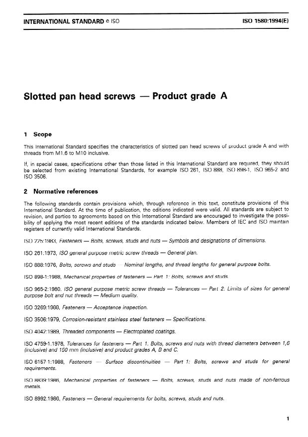ISO 1580:1994 - Slotted pan head screws -- Product grade A