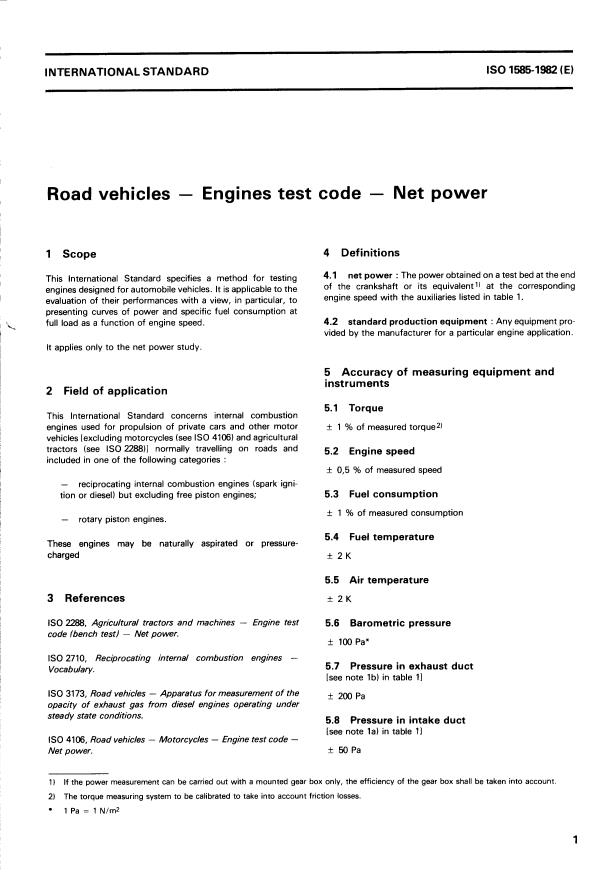 ISO 1585:1982 - Road vehicles -- Engines test code -- Net power