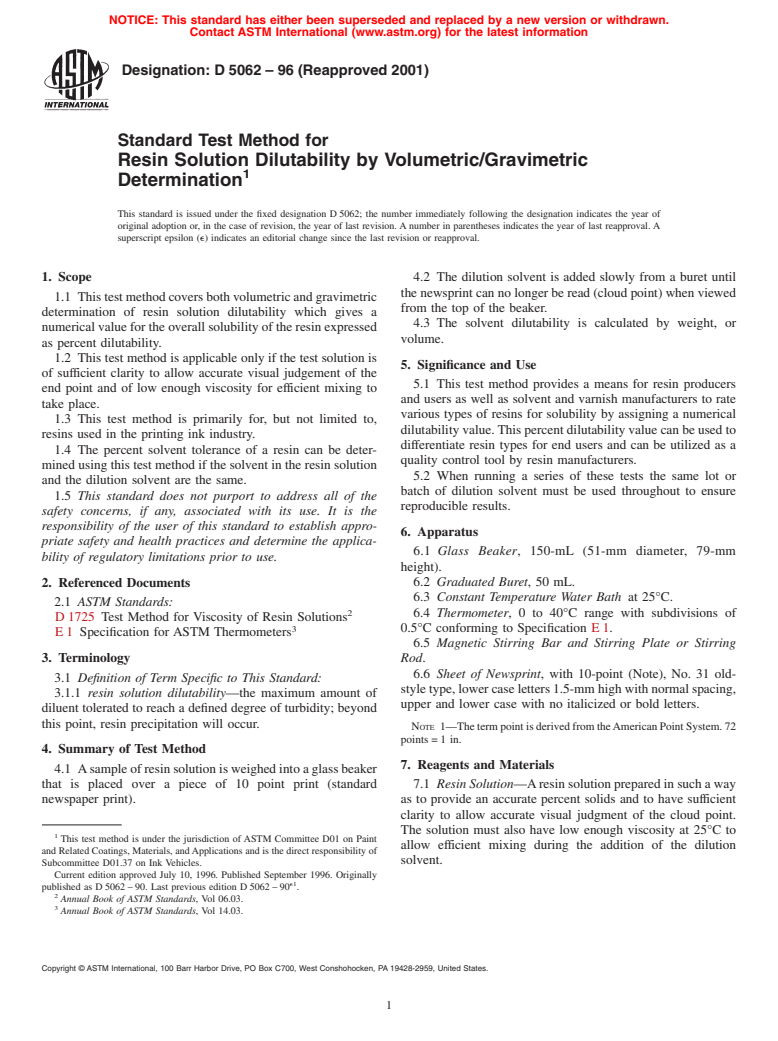 ASTM D5062-96(2001) - Standard Test Method for Resin Solution Dilutability by Volumetric/Gravimetric Determination