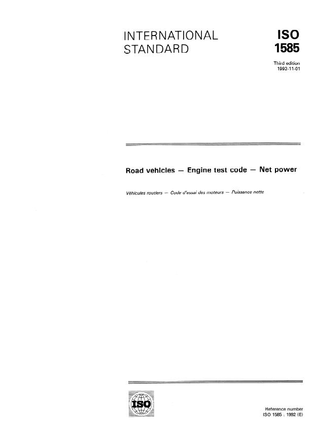 ISO 1585:1992 - Road vehicles -- Engine test code -- Net power