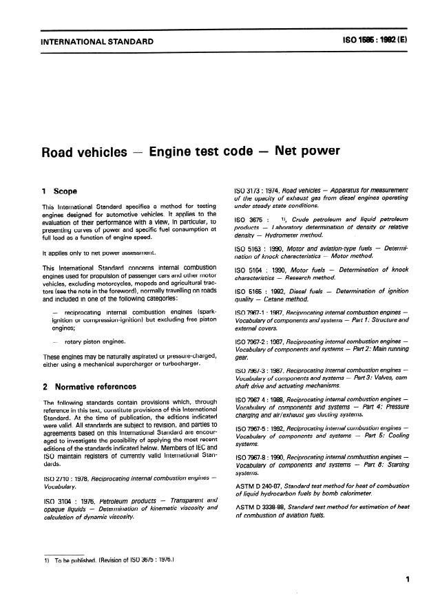 ISO 1585:1992 - Road vehicles -- Engine test code -- Net power