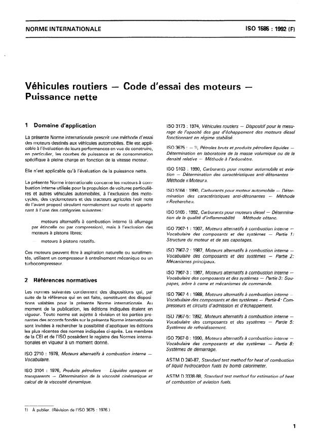ISO 1585:1992 - Véhicules routiers -- Code d'essai des moteurs -- Puissance nette