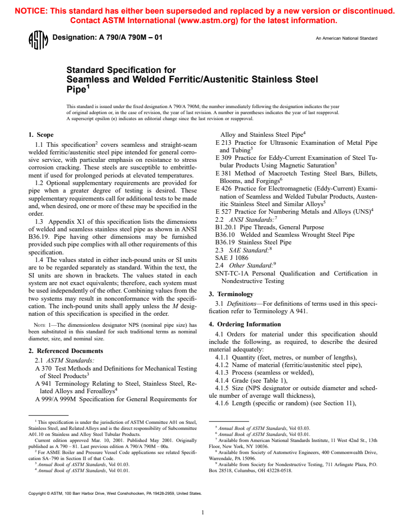 ASTM A790/A790M-01 - Standard Specification for Seamless and Welded Ferritic/Austenitic Stainless Steel Pipe