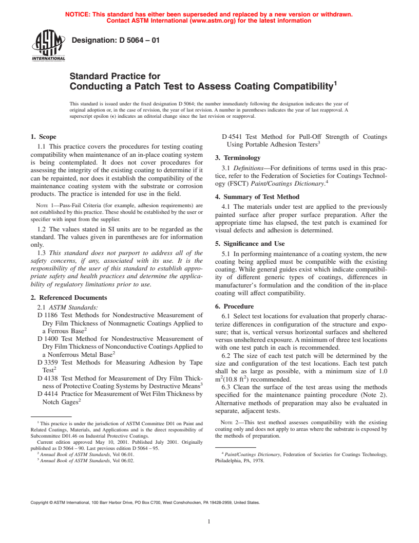 ASTM D5064-01 - Standard Practice for Conducting a Patch Test to Assess Coating Compatibility