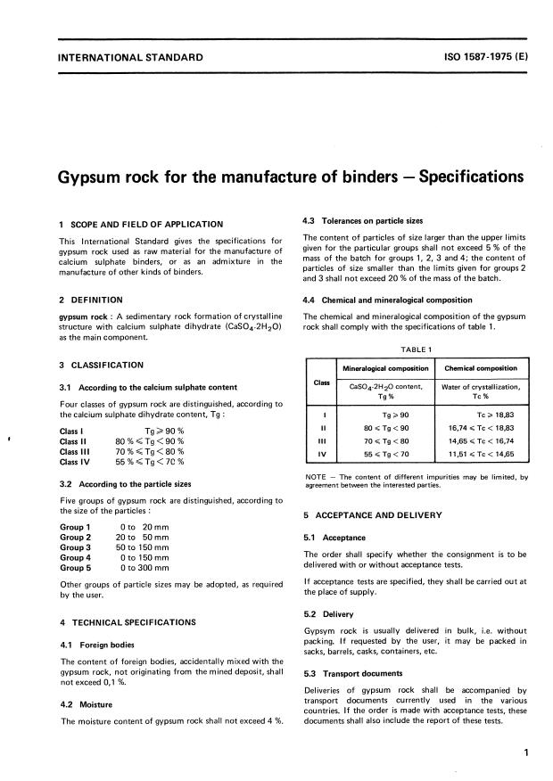 ISO 1587:1975 - Gypsum rock for the manufacture of binders -- Specifications