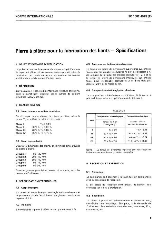 ISO 1587:1975 - Pierre a plâtre pour la fabrication des liants -- Spécifications