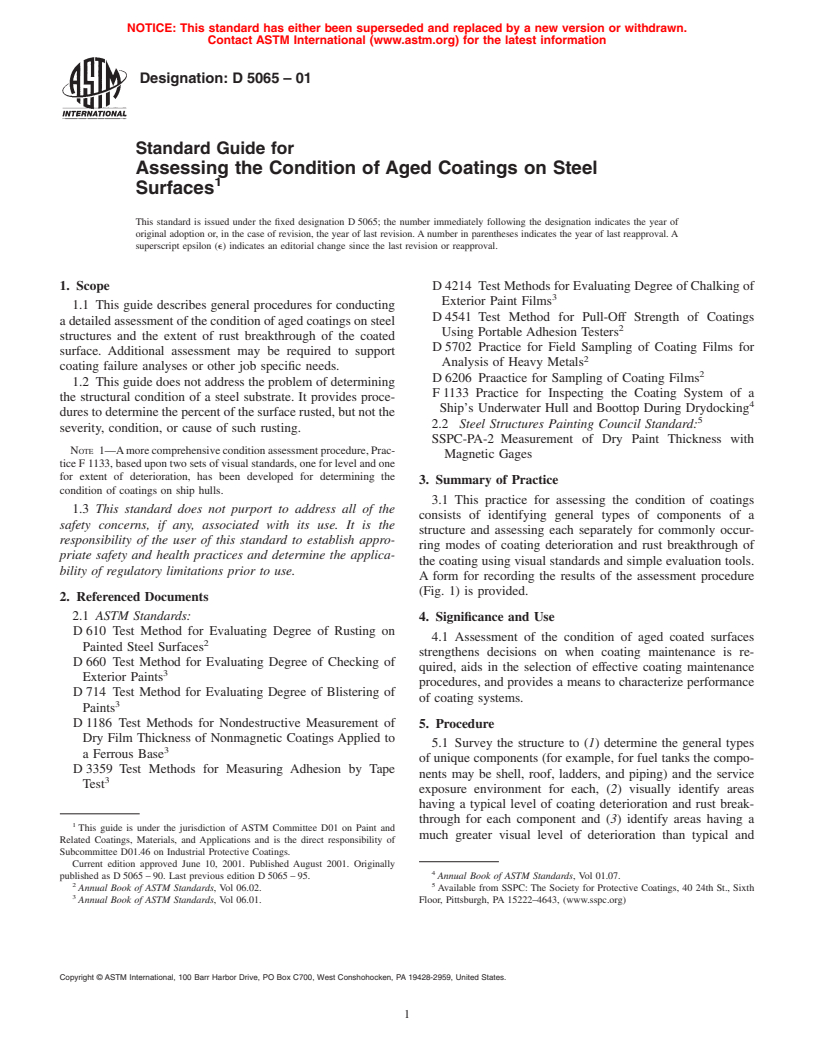 ASTM D5065-01 - Standard Guide for Assessing the Condition of Aged Coatings on Steel Surfaces