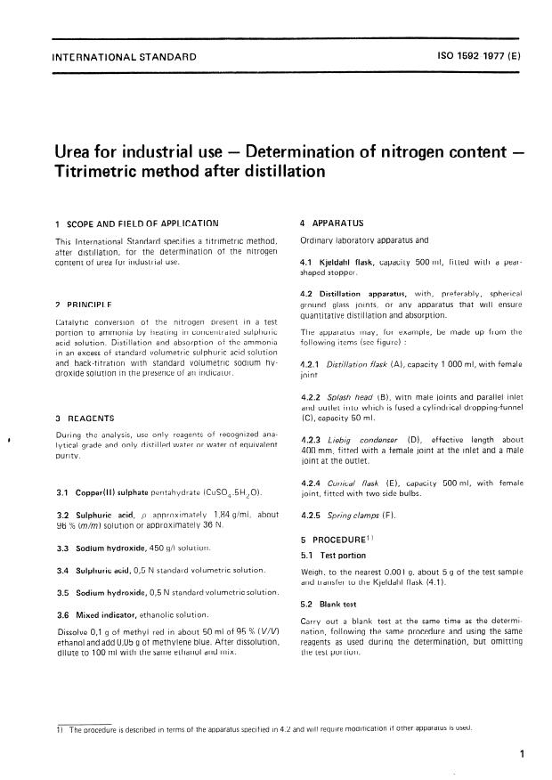 ISO 1592:1977 - Urea for industrial use -- Determination of nitrogen content -- Titrimetric method after distillation