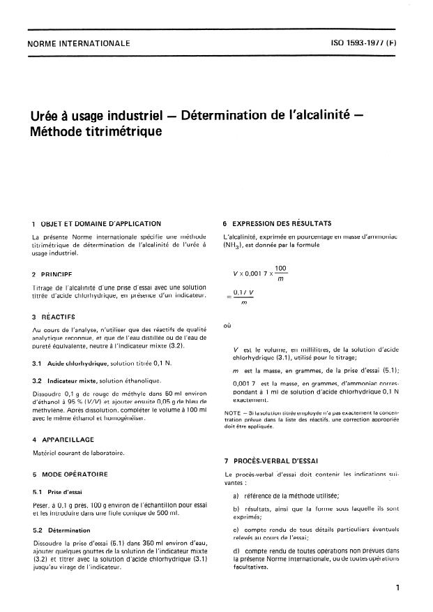 ISO 1593:1977 - Urée a usage industriel -- Détermination de l'alcalinité -- Méthode titrimétrique
