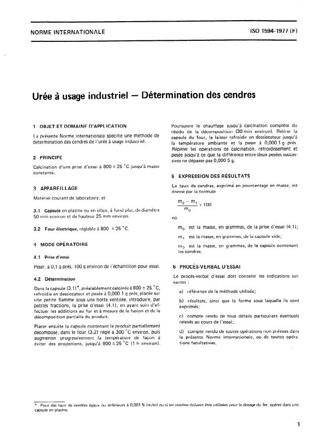 ISO 1594:1977 - Urée a usage industriel -- Détermination des cendres