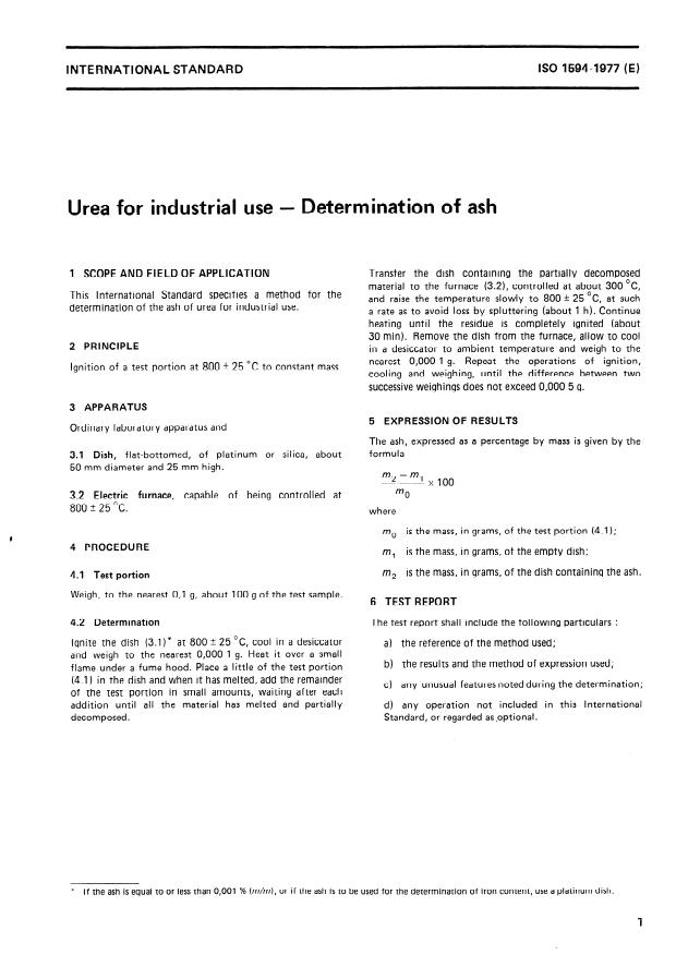 ISO 1594:1977 - Urea for industrial use -- Determination of ash
