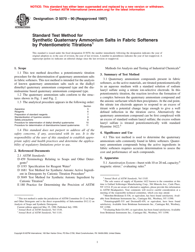 ASTM D5070-90(1997) - Standard Test Method for Synthetic Quaternary Ammonium Salts in Fabric Softeners by Potentiometric Titrations