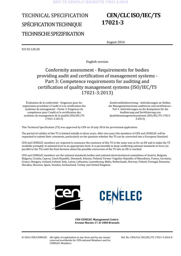 TS CEN/CLC ISO/IEC/TS 17021-3:2016