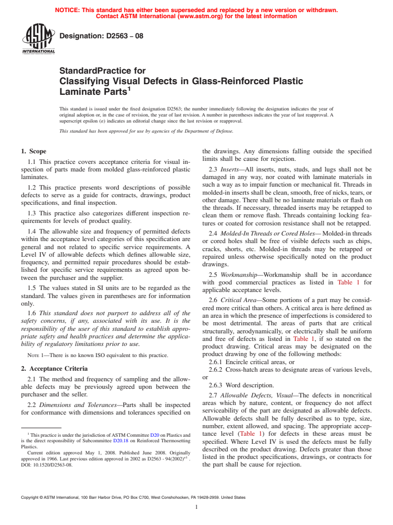 ASTM D2563-08 - Standard Practice for  Classifying Visual Defects in Glass-Reinforced Plastic Laminate Parts