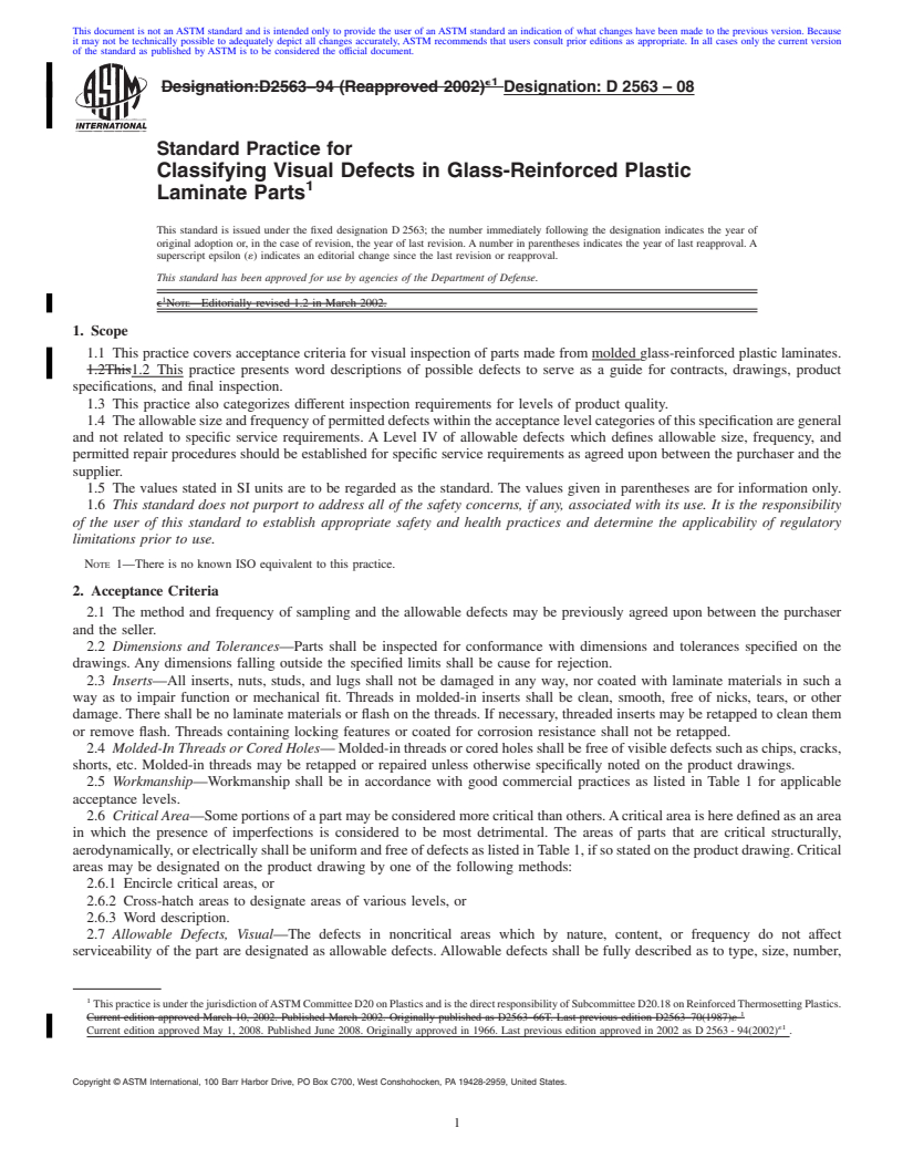 REDLINE ASTM D2563-08 - Standard Practice for  Classifying Visual Defects in Glass-Reinforced Plastic Laminate Parts