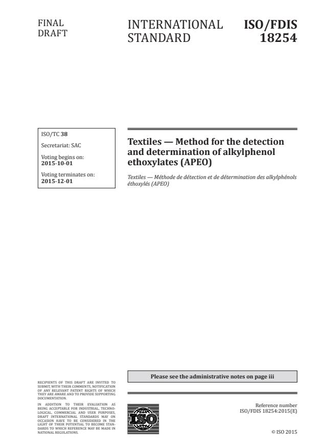 ISO/FDIS 18254 - Textiles -- Method for the detection and determination of alkylphenol ethoxylates (APEO)
