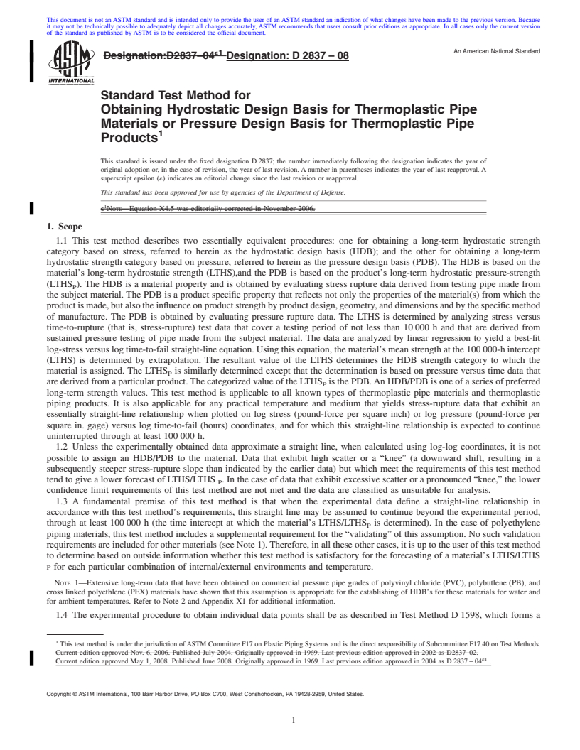 REDLINE ASTM D2837-08 - Standard Test Method for  Obtaining Hydrostatic Design Basis for Thermoplastic Pipe Materials or Pressure Design Basis for Thermoplastic Pipe Products