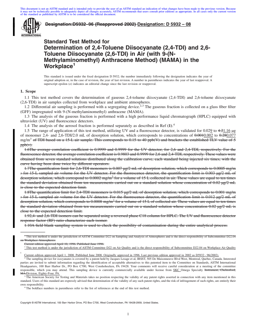 REDLINE ASTM D5932-08 - Standard Test Method for  Determination of 2,4-Toluene Diisocyanate (2,4-TDI) and 2,6-Toluene Diisocyanate (2,6-TDI) in Air (with 9-(N-Methylaminomethyl) Anthracene Method) (MAMA) in the Workplace