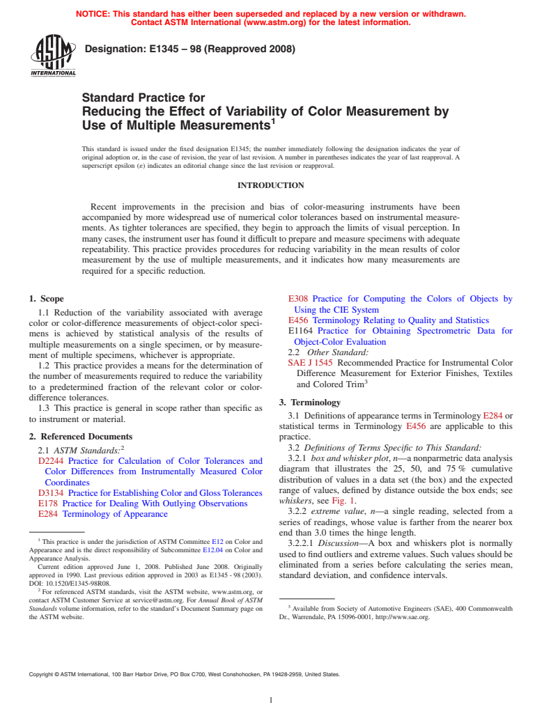 ASTM E1345-98(2008) - Standard Practice for Reducing the Effect of Variability of Color Measurement by Use of Multiple    Measurements