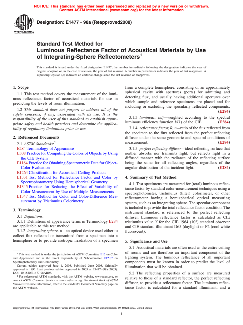 ASTM E1477-98a(2008) - Standard Test Method for  Luminous Reflectance Factor of Acoustical Materials by Use of Integrating-Sphere  Reflectometers