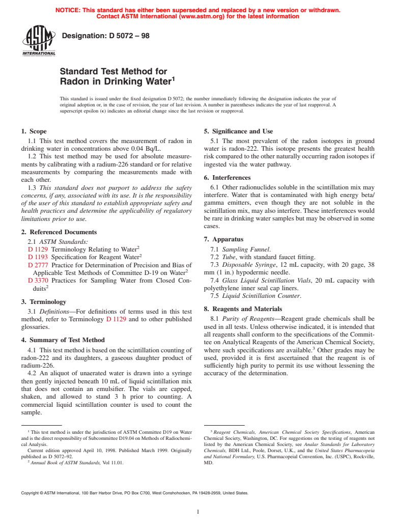 ASTM D5072-98 - Standard Test Method for Radon in Drinking Water (Withdrawn 2008)