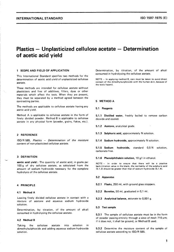 ISO 1597:1975 - Plastics -- Unplasticized cellulose acetate -- Determination of acetic acid yield