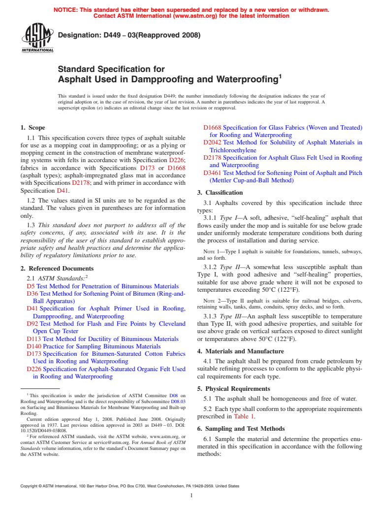 ASTM D449-03(2008) - Standard Specification for  Asphalt Used in Dampproofing and Waterproofing