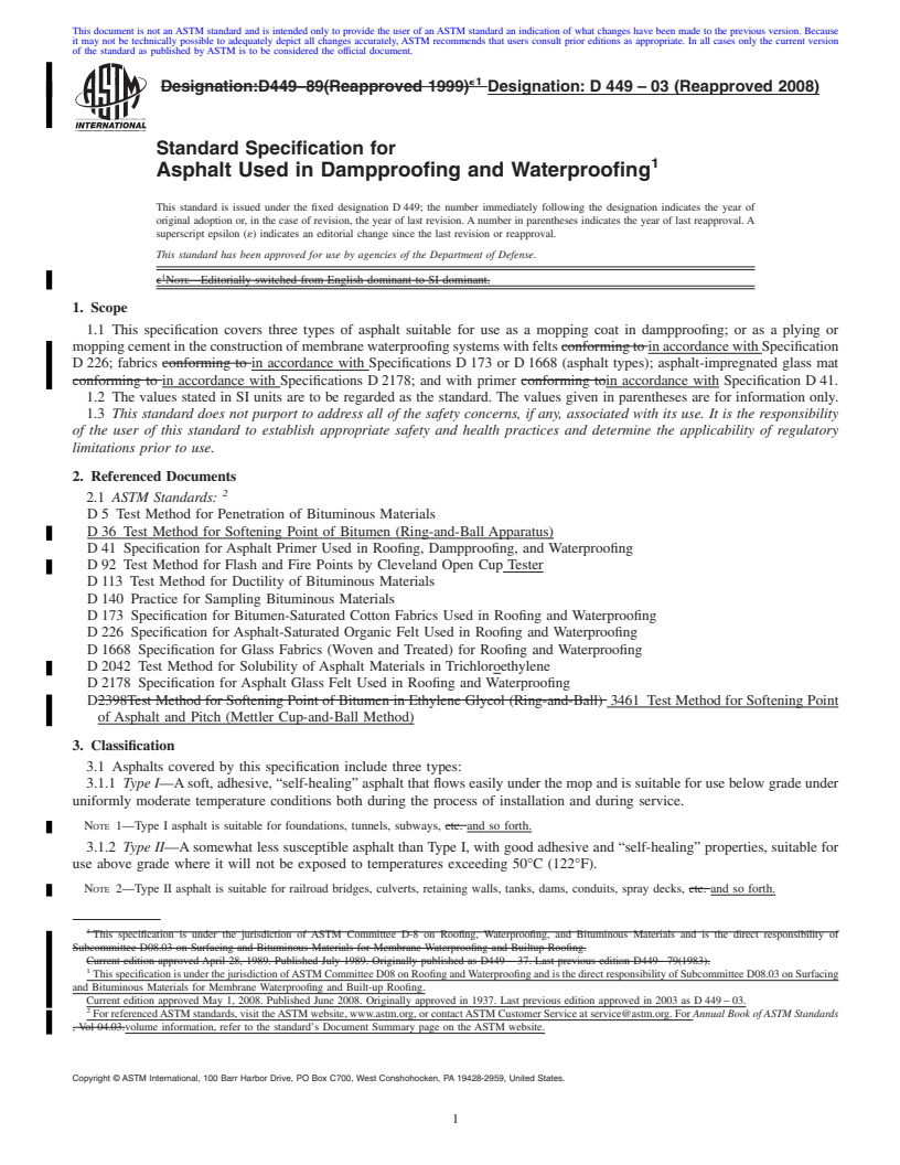 REDLINE ASTM D449-03(2008) - Standard Specification for  Asphalt Used in Dampproofing and Waterproofing