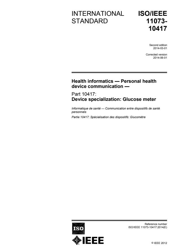 ISO/IEEE 11073-10417:2014 - Health informatics -- Personal health device communication