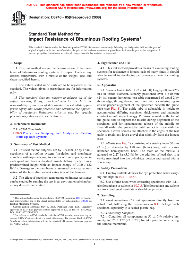 ASTM D3746-85(2008) - Standard Test Method for  Impact Resistance of Bituminous Roofing Systems