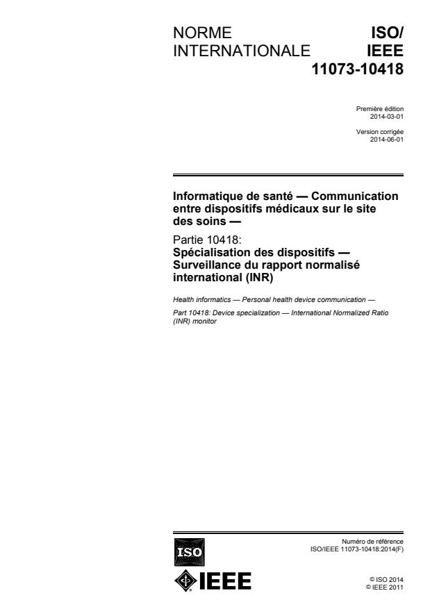 ISO/IEEE 11073-10418:2014 - Informatique de santé -- Communication entre dispositifs de santé personnels