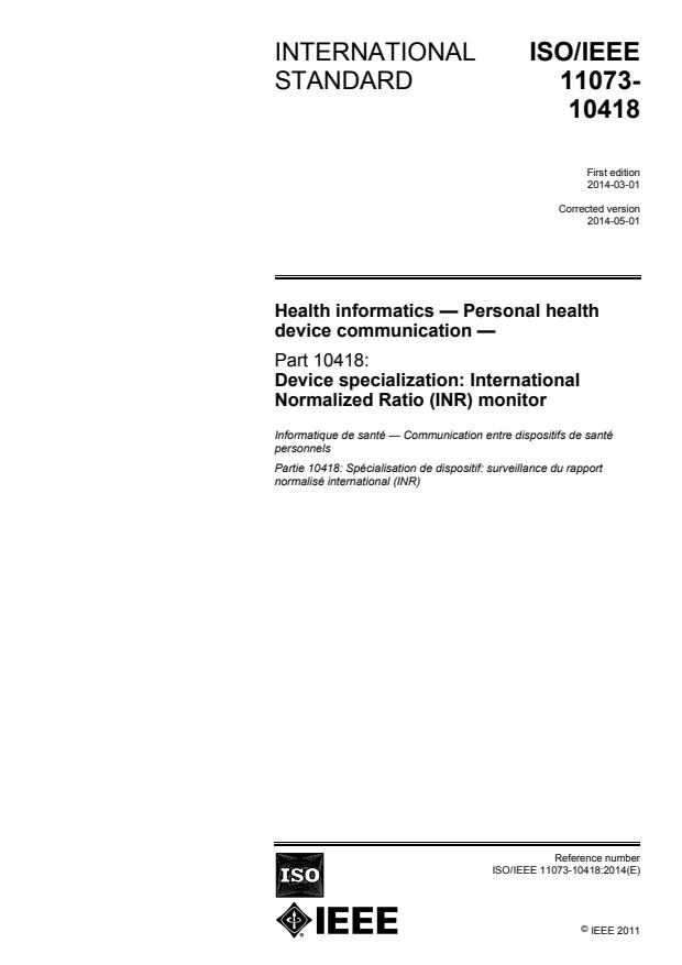 ISO/IEEE 11073-10418:2014 - Health informatics -- Personal health device communication