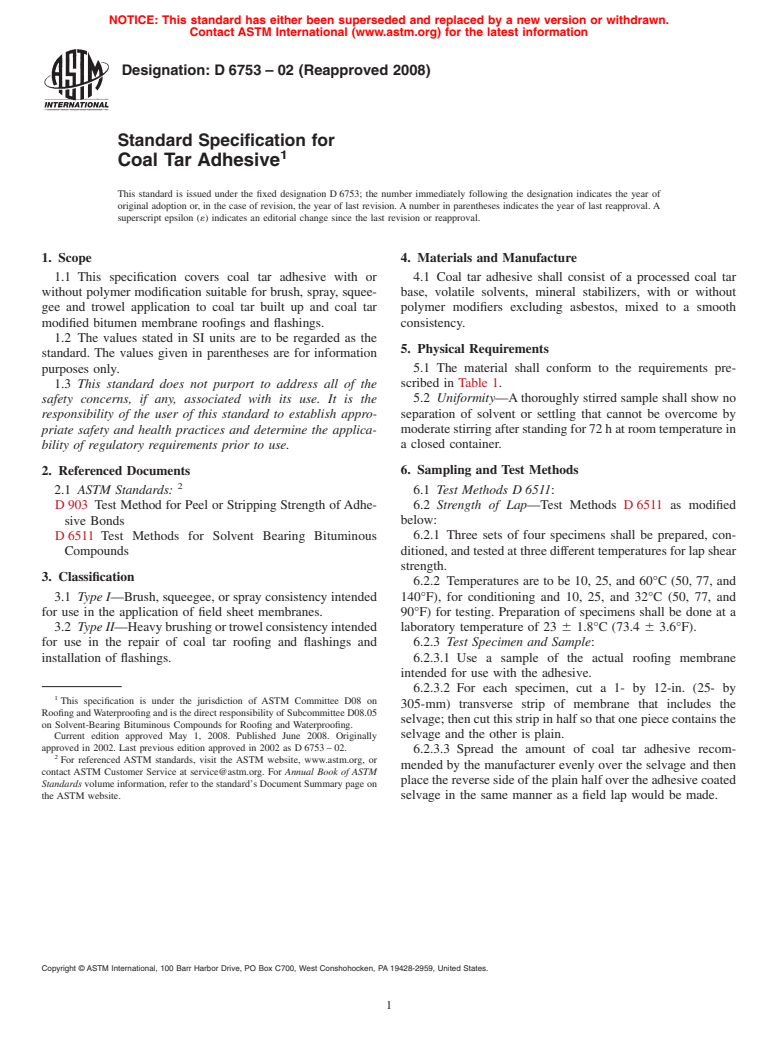 ASTM D6753-02(2008) - Standard Specification for Coal Tar Adhesive