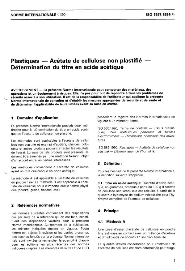 ISO 1597:1994 - Plastiques -- Acétate de cellulose non plastifié -- Détermination du titre en acide acétique