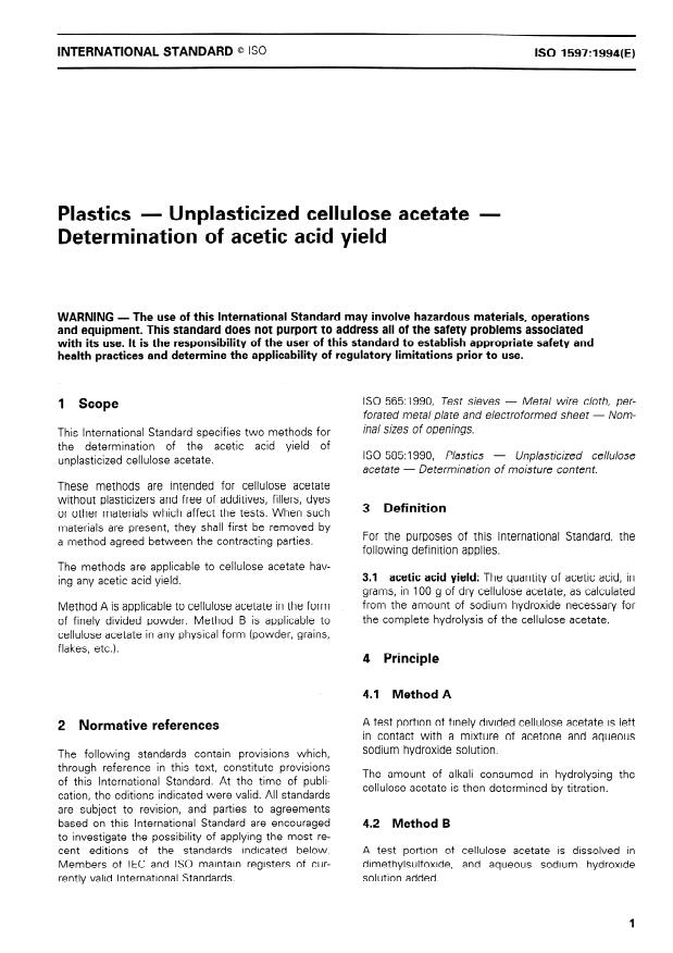 ISO 1597:1994 - Plastics -- Unplasticized cellulose acetate -- Determination of acetic acid yield