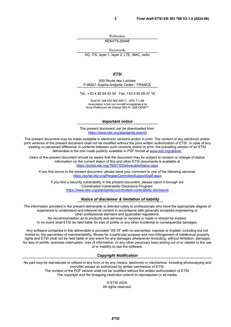 SIST EN 303 798 V2.1.1:2024 ETSI EN 303 798 V2.1.0 (2024-06) - Intelligent Transport Systems (ITS); LTE-V2X and NR-V2X Access layer specification for Intelligent Transport Systems operating in the 5 GHz frequency band; Release 2 - Page 2 preview