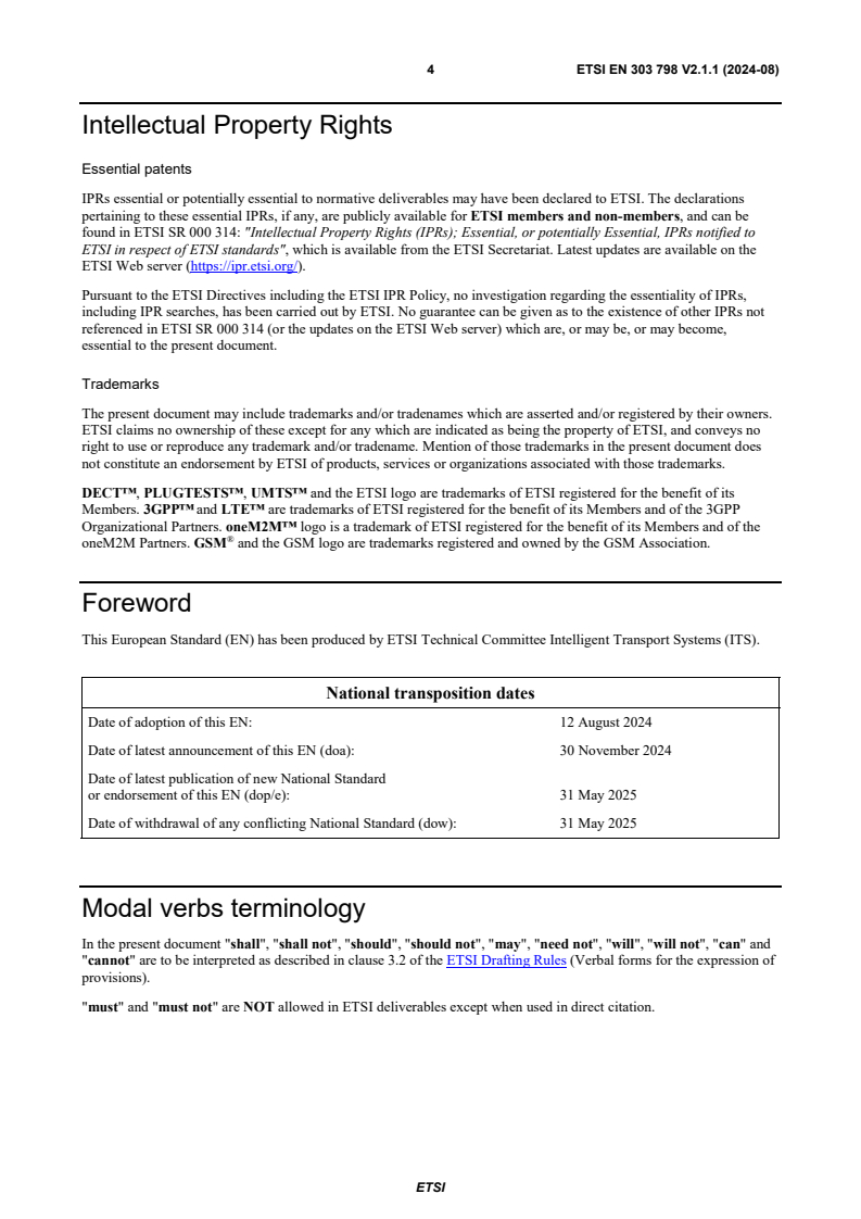 SIST EN 303 798 V2.1.1:2024 ETSI EN 303 798 V2.1.1 (2024-08) - Intelligent Transport Systems (ITS); LTE-V2X and NR-V2X Access layer specification for Intelligent Transport Systems operating in the 5 GHz frequency band; Release 2 - Page 4 preview