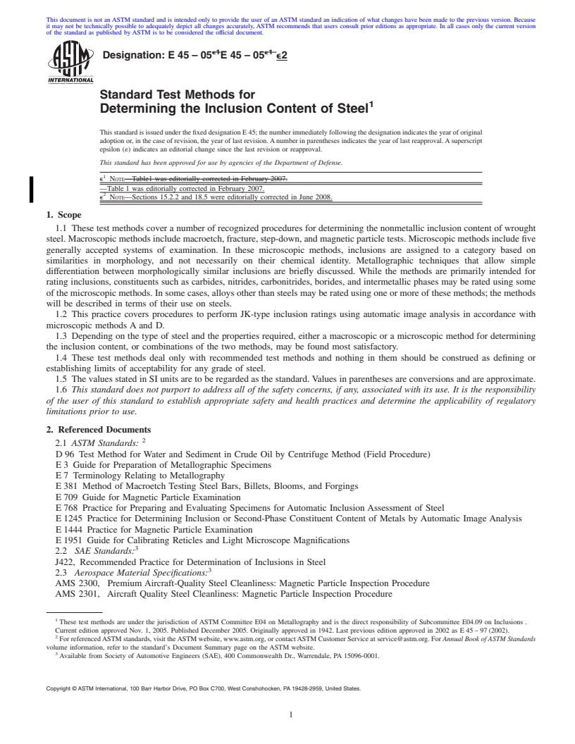 REDLINE ASTM E45-05e2 - Standard Test Methods for  Determining the Inclusion Content of Steel