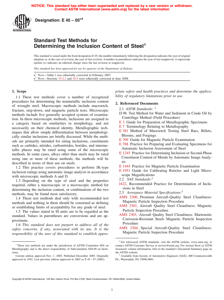 ASTM E45-05e2 - Standard Test Methods for  Determining the Inclusion Content of Steel