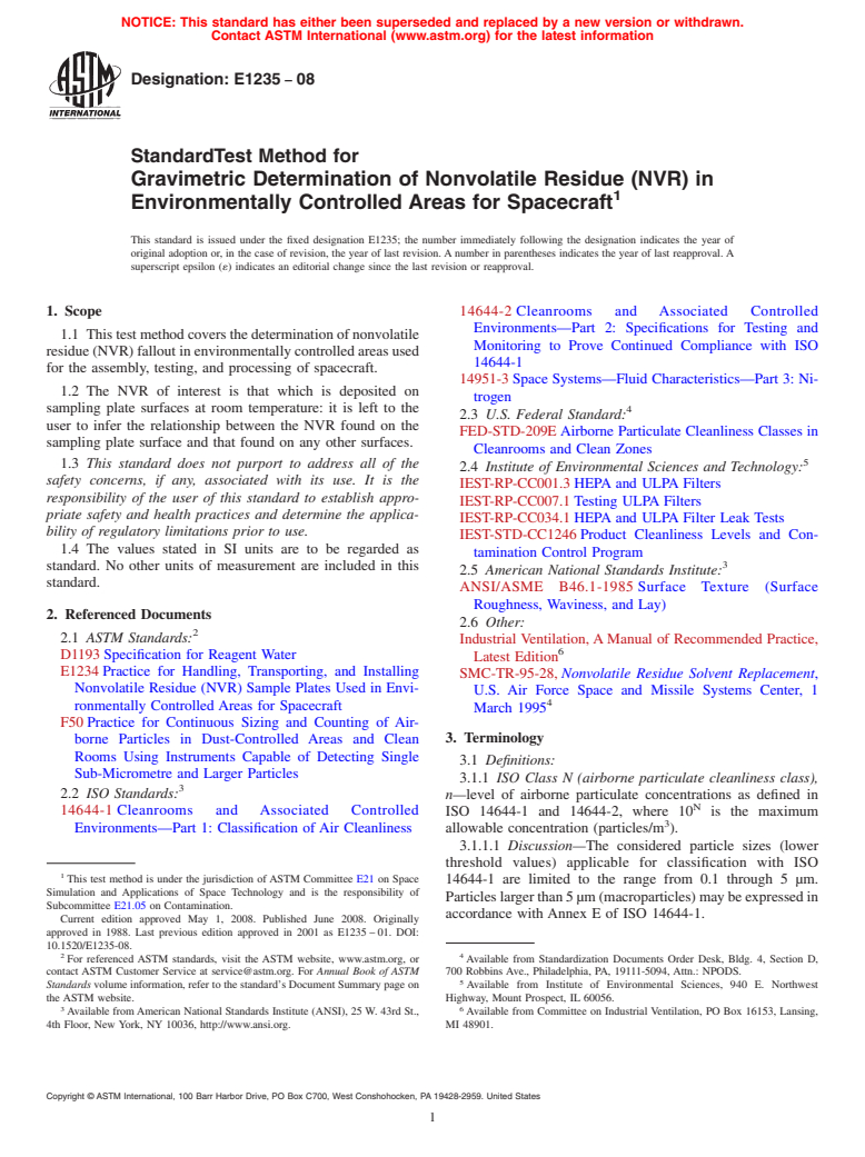 ASTM E1235-08 - Standard Test Method for  Gravimetric Determination of Nonvolatile Residue (NVR) in Environmentally Controlled Areas for Spacecraft
