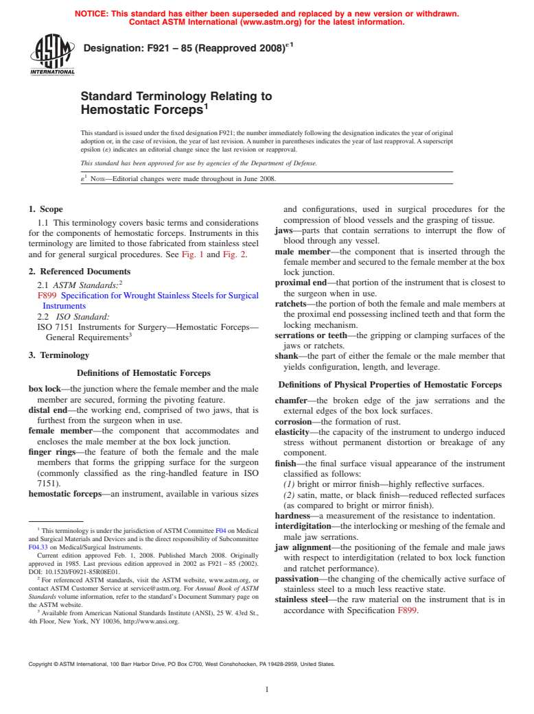 ASTM F921-85(2008)e1 - Standard Terminology Relating to Hemostatic Forceps