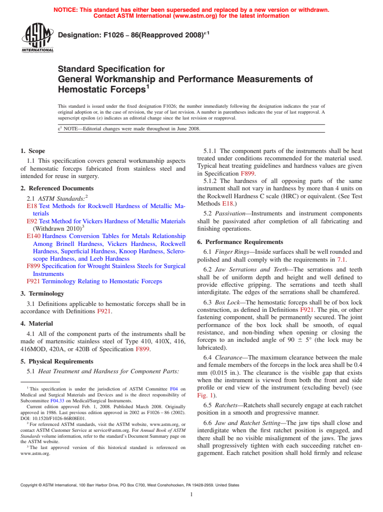 ASTM F1026-86(2008)e1 - Standard Specification for  General Workmanship and Performance Measurements of Hemostatic Forceps