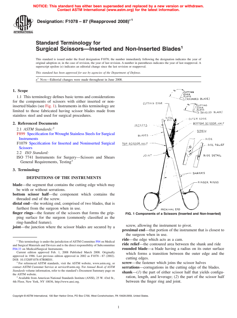 ASTM F1078-87(2008)e1 - Standard Terminology for  Surgical Scissors<span class='unicode'>&#x2014;</span>Inserted and Non-Inserted Blades