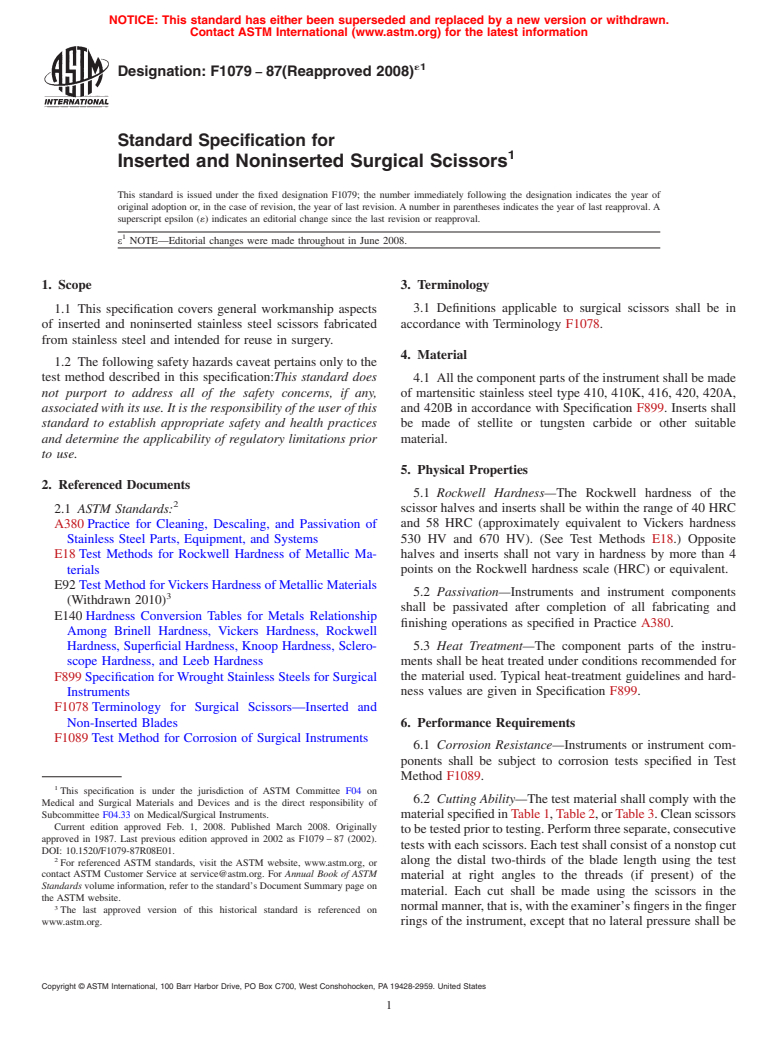 ASTM F1079-87(2008)e1 - Standard Specification for  Inserted and Noninserted Surgical Scissors