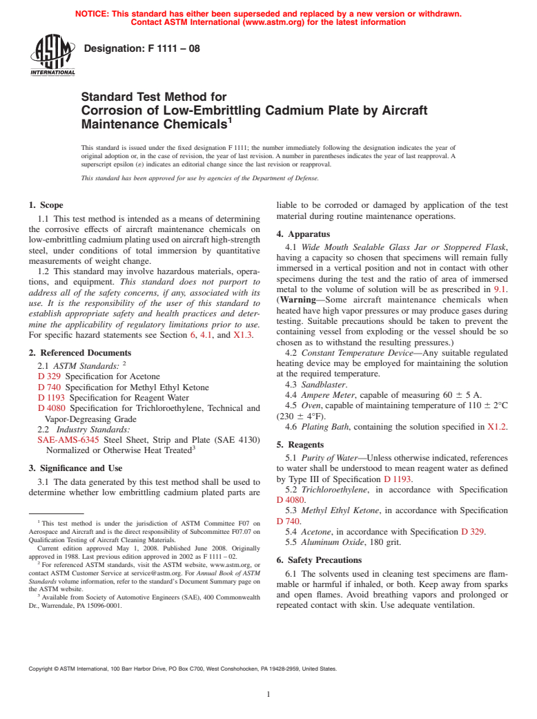 ASTM F1111-08 - Standard Test Method for Corrosion of Low-Embrittling Cadmium Plate by Aircraft Maintenance Chemicals