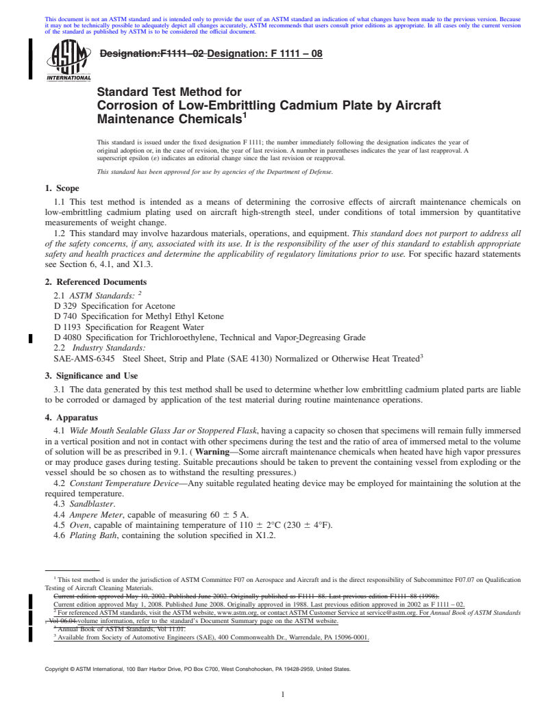 REDLINE ASTM F1111-08 - Standard Test Method for Corrosion of Low-Embrittling Cadmium Plate by Aircraft Maintenance Chemicals